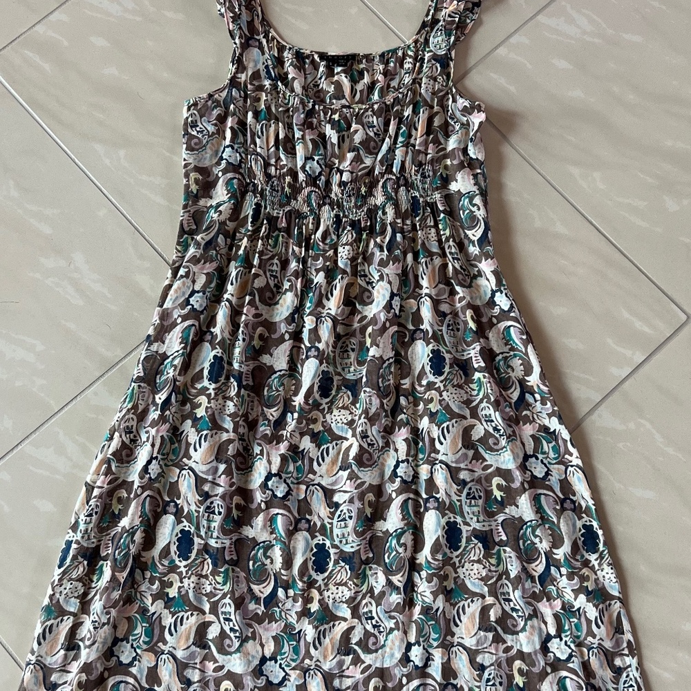 #2140 Theory all-cotton sheer paisley dress with ruffle shoulder straps Womens S